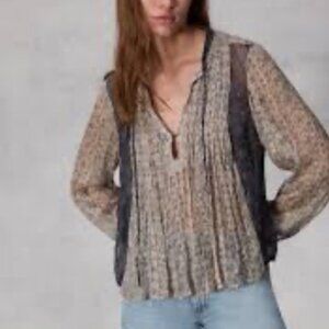 Rag & Bone-Women's Pullover Tie/Neck Sheer Metallic Thread Medium Tan/Blue Patte